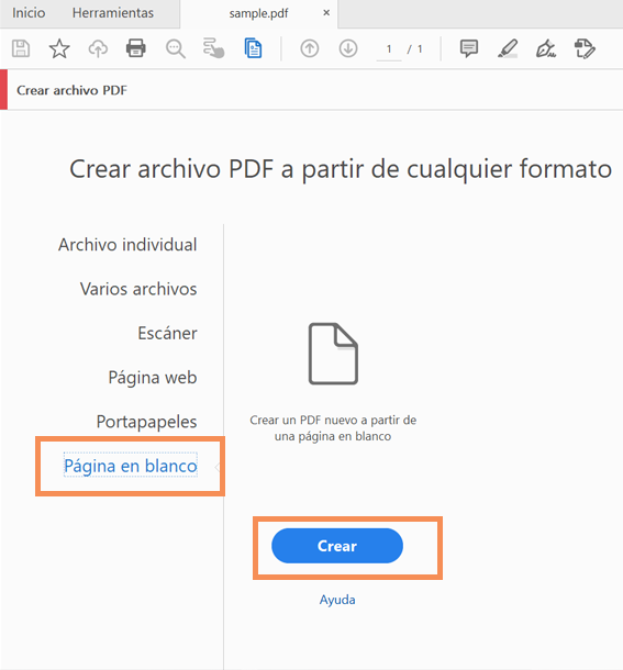 Crear un PDF en blanco desde Herramientas > Crear PDF