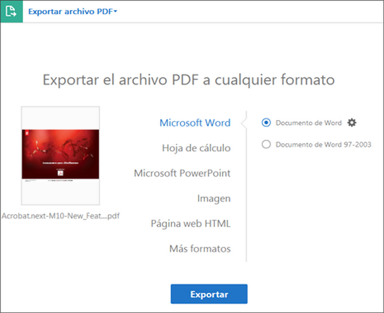 Opciones de exportación de PDF