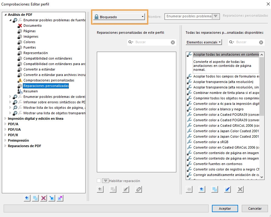 Se muestra el cuadro de diálogo Comprobaciones para Editar perfil