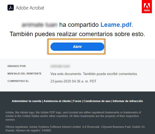 Vínculo de revisión en un correo electrónico