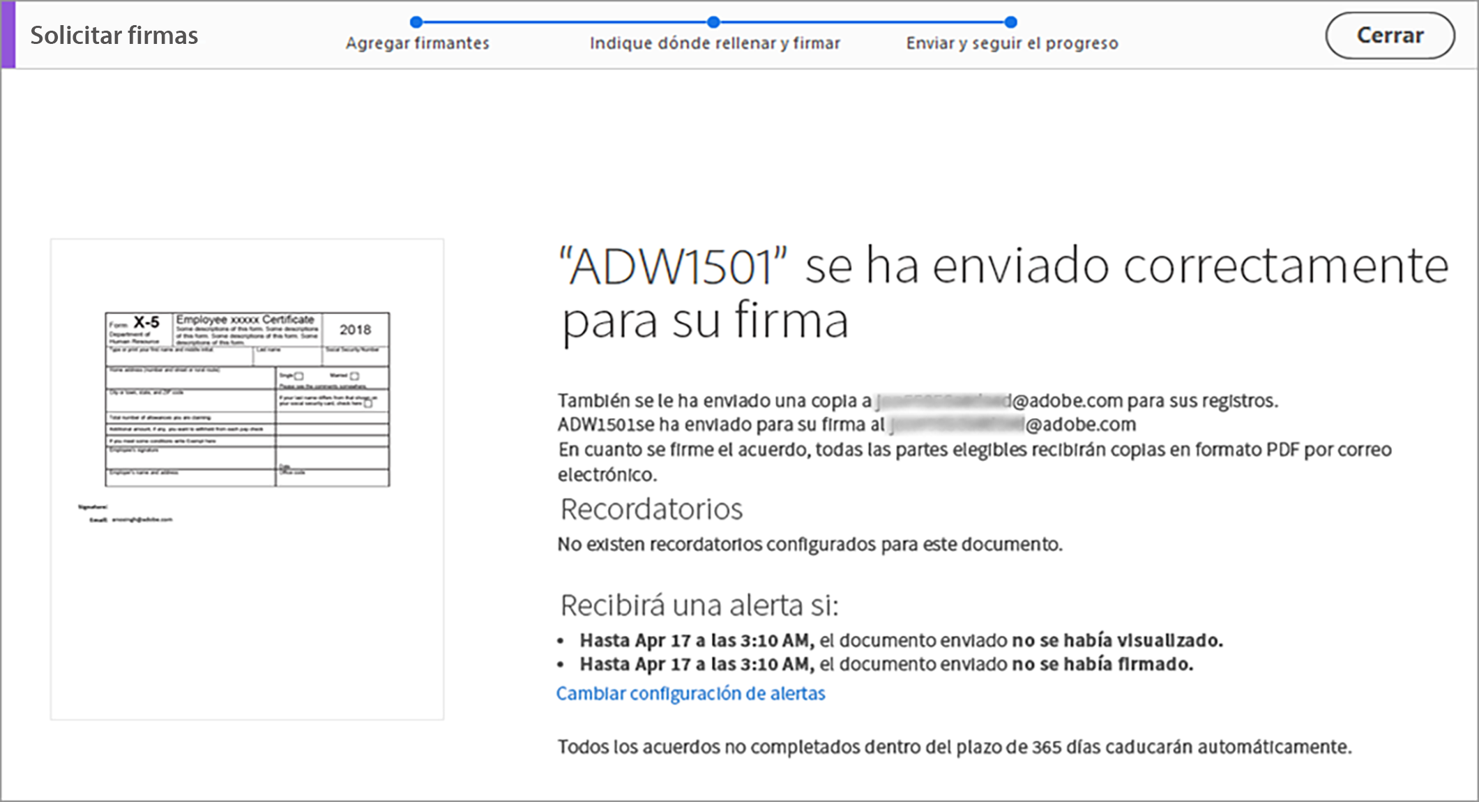 Confirmación de documento enviado para firmar