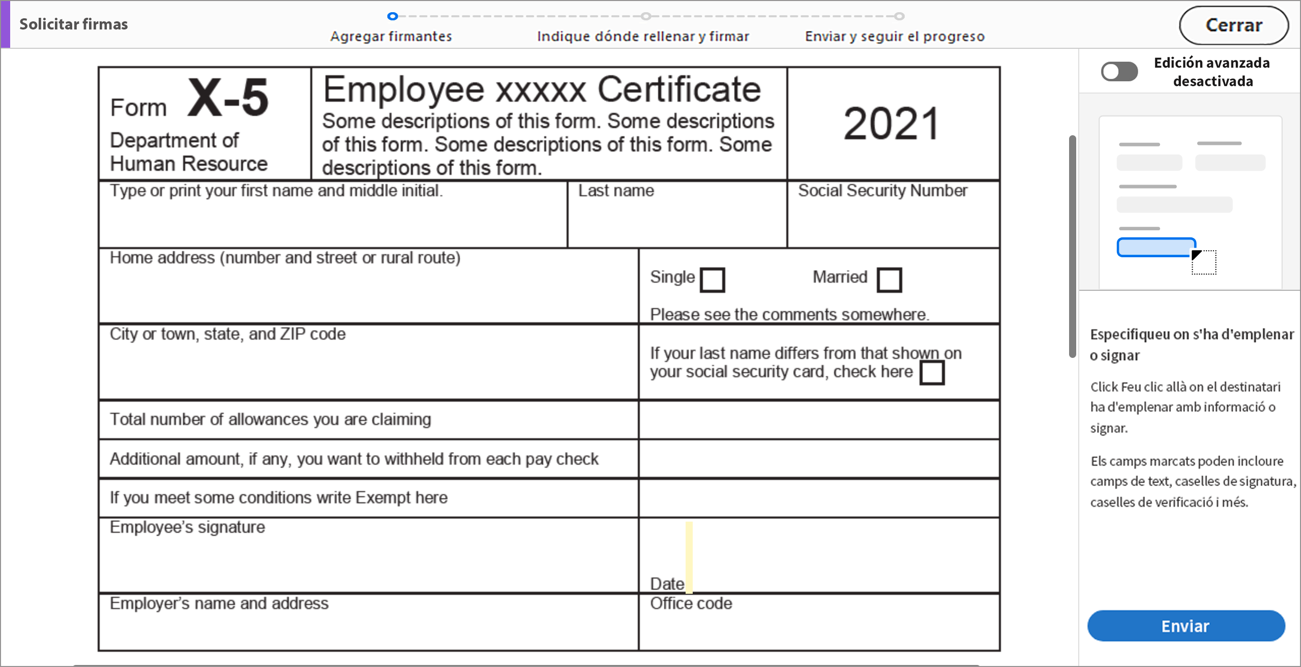 Indique dónde rellenar y firmar