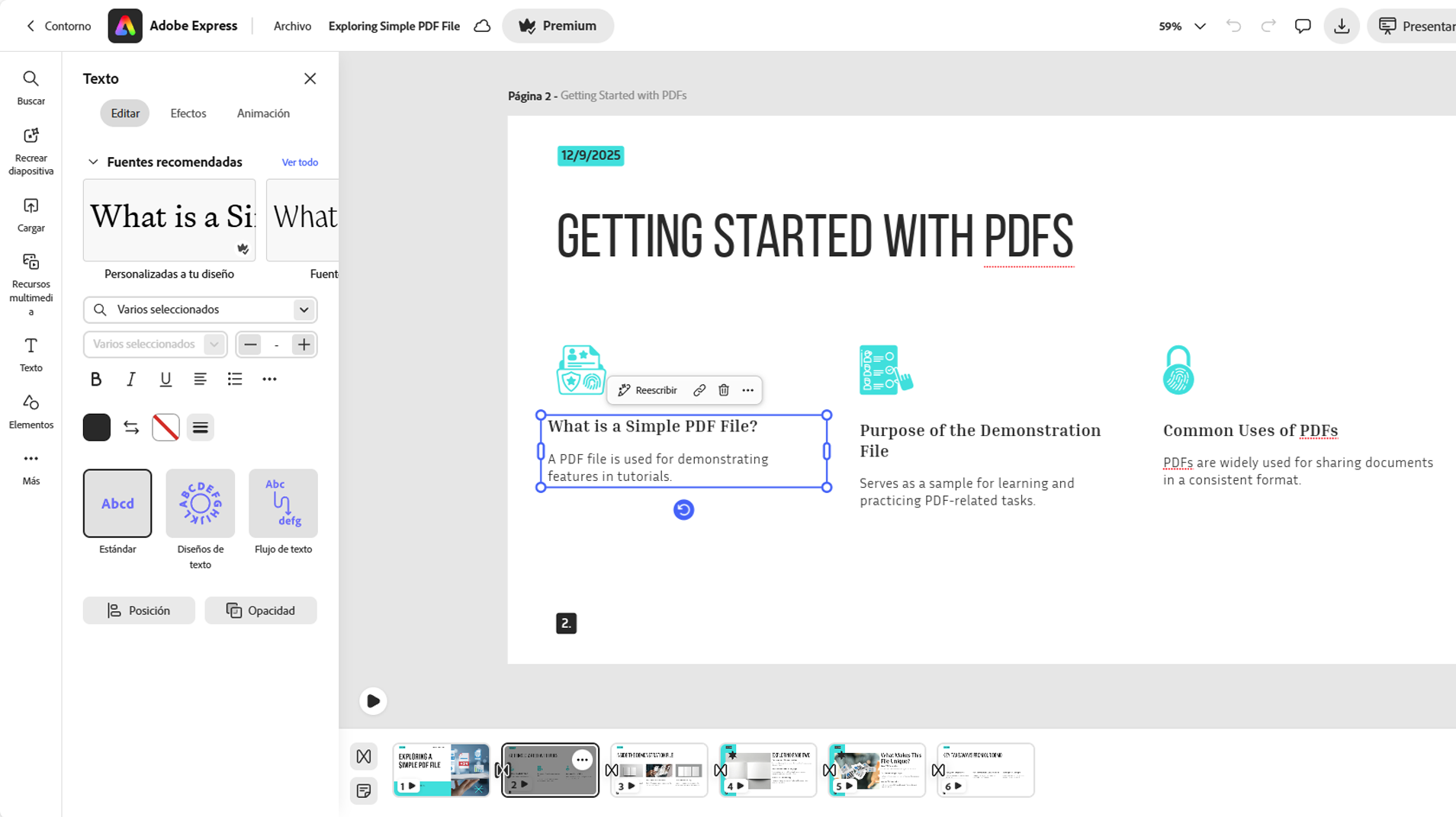 panel de Herramientas de editar abierto junto a una diapositiva, que permite personalizar una sola diapositiva o todas las diapositivas.