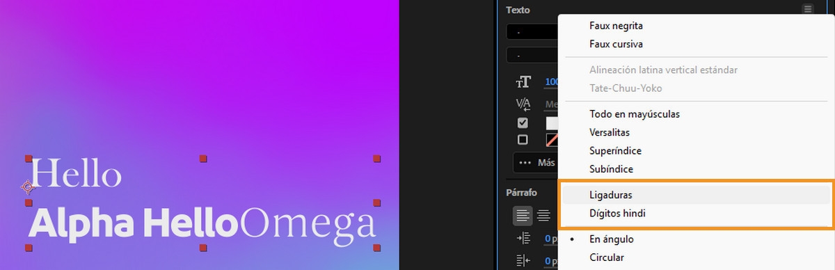 La opción de ligaciones de fuentes se resalta en el panel Carácter de After Effects.