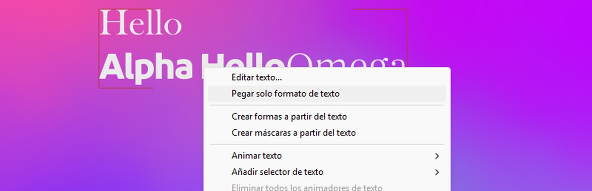 Se selecciona una Capa de texto y, en el menú contextual, se elige la opción Pegar solo formato de texto.