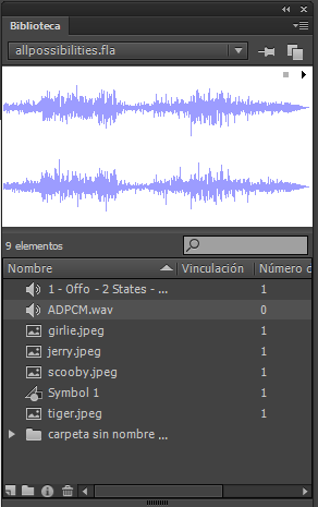 El panel Biblioteca con un clip de audio seleccionado