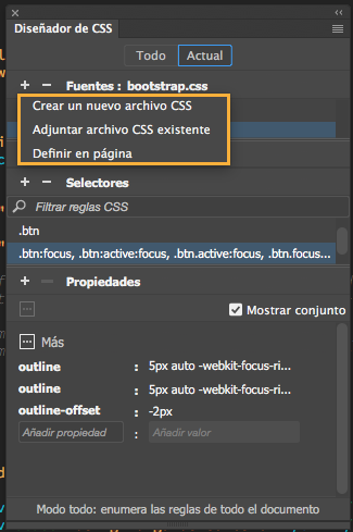Creación e inclusión de hojas de estilos con el Diseñador de CSS