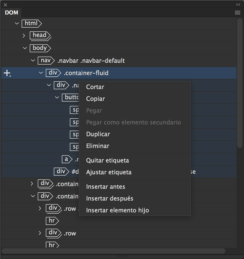 Opciones de edición del panel DOM