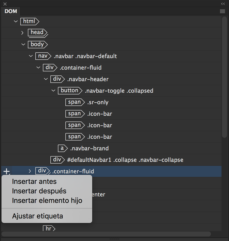 Inserción de opciones en el panel DOM