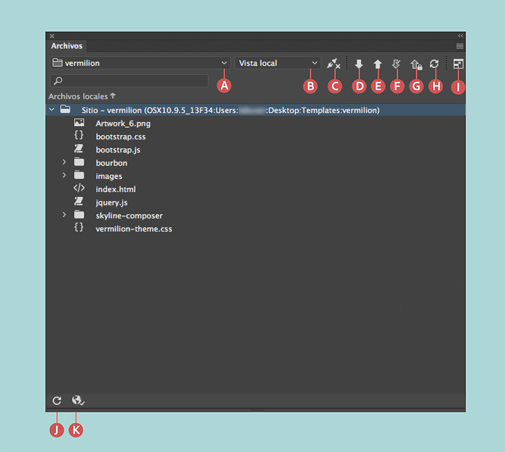 El panel Archivos cuando se han definido un sitio y conexiones a servidores remotos, y la función de desprotección y protección está activada.