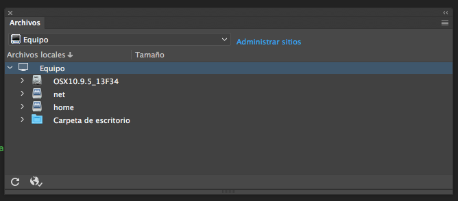 El aspecto del panel Archivos cuando no hay ningún sitio definido en Dreamweaver.