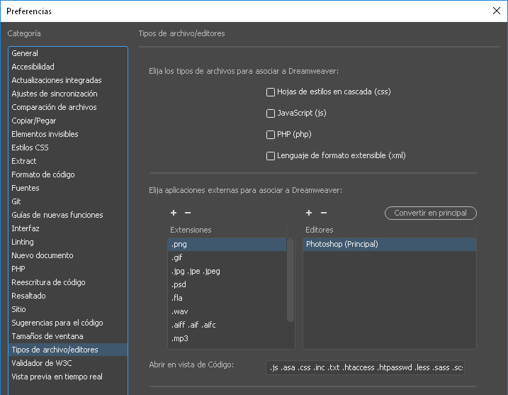 Definir un editor externo para tipos de archivo específicos