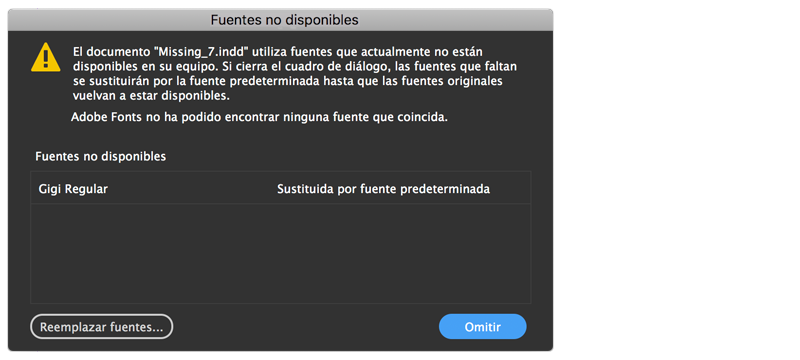 cuadro de diálogo Fuentes no disponibles