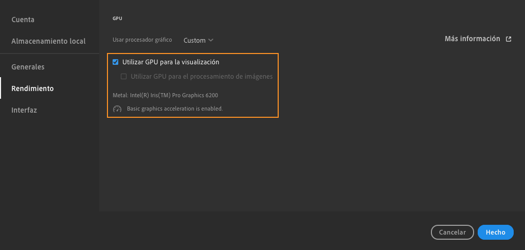 Preferencia de GPU de Lightroom