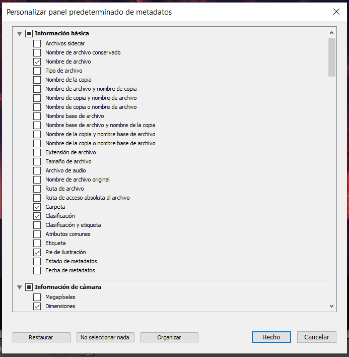 Personalizar el panel de metadatos predeterminado