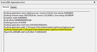 El Visor de sucesos de Windows que muestra MSVCR120.dll como módulo erróneo