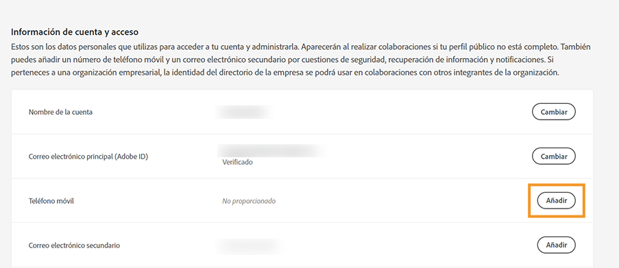 Opción Añadir para incluir número de teléfono