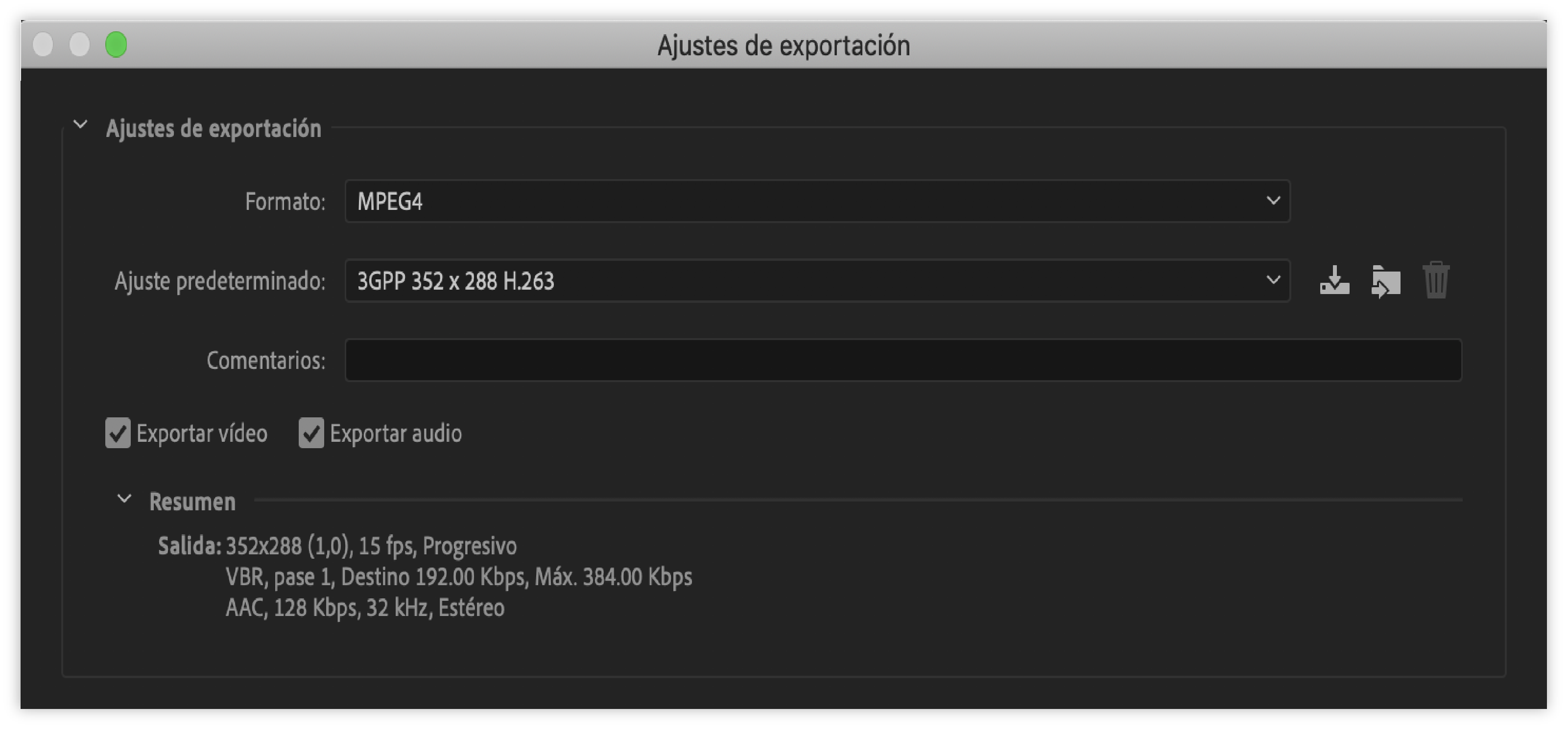 Ajustes de exportación