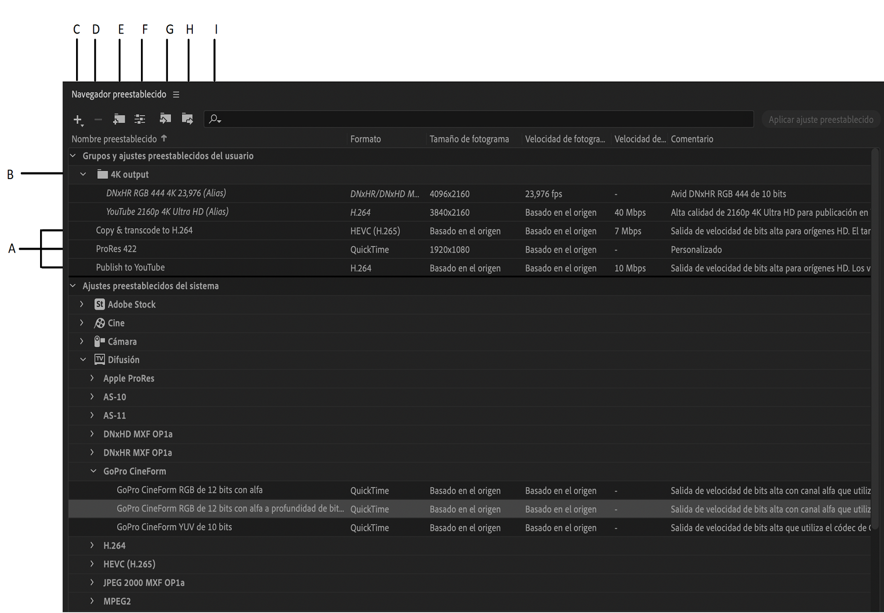 Navegador de ajustes preestablecidos