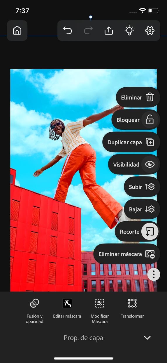 El panel Propiedades de capa está abierto y se muestran las opciones para ajustar las opciones Fusión y opacidad, Editar máscara, Modificar máscara, Transformar y mucho más.
