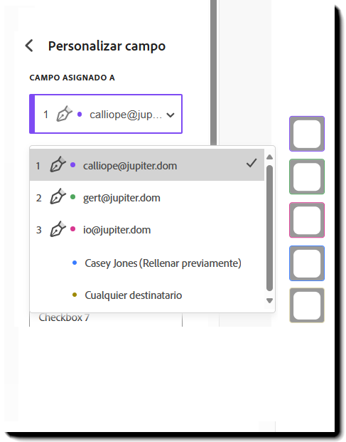 Sección Campo asignado a de las propiedades del campo con tres destinatarios y tres campos de ejemplo 