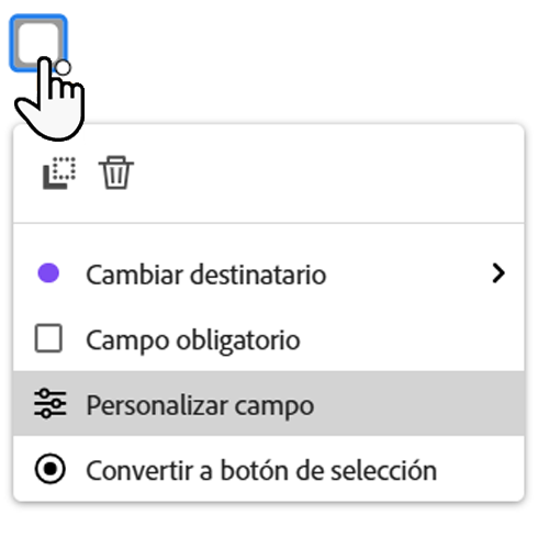 Campo de casilla de verificación con el menú de hacer clic con el botón izquierdo expuesto y el campo Personalizar resaltado.