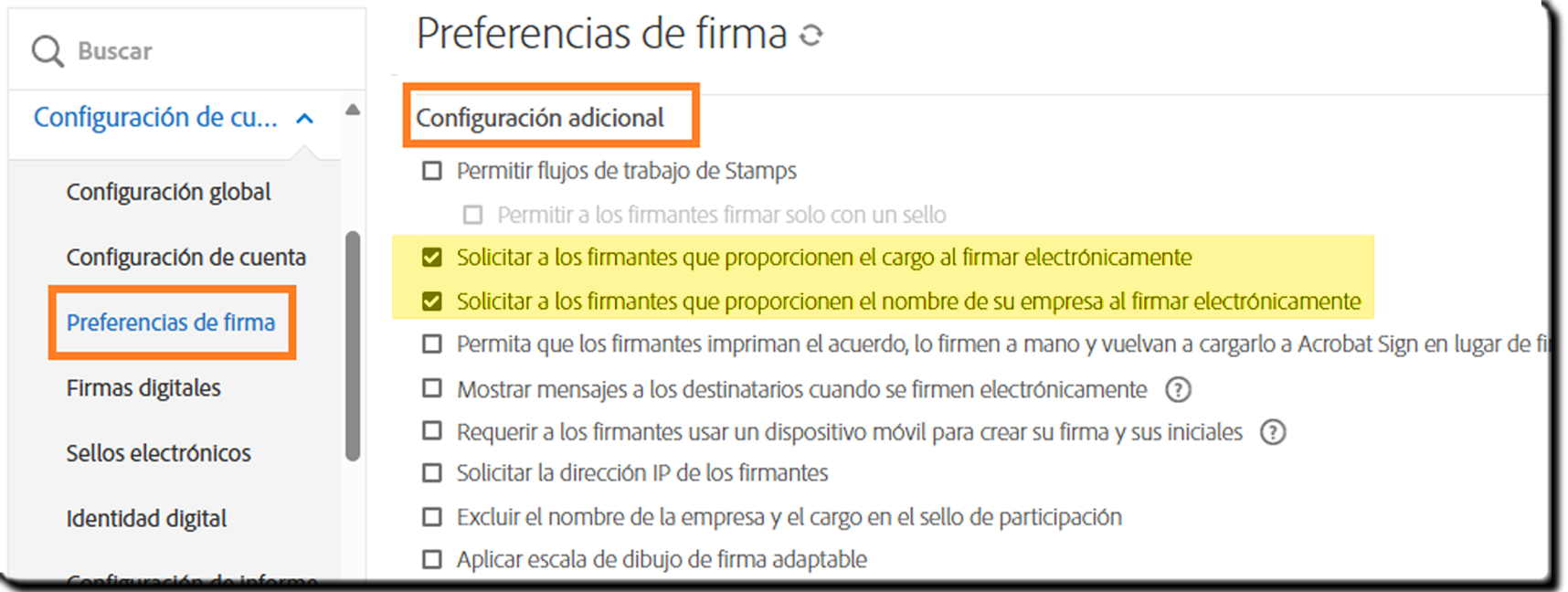 Controles de configuración adicionales que deben estar habilitados para que que las opciones Título y Compañía sean obligatorias.