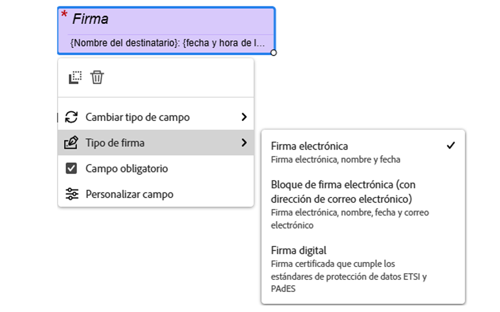 Vista del campo de firma electrónica con el menú de hacer clic con el botón izquierdo del campo expuesto y el tipo de firma. Menú desplegable ampliado.