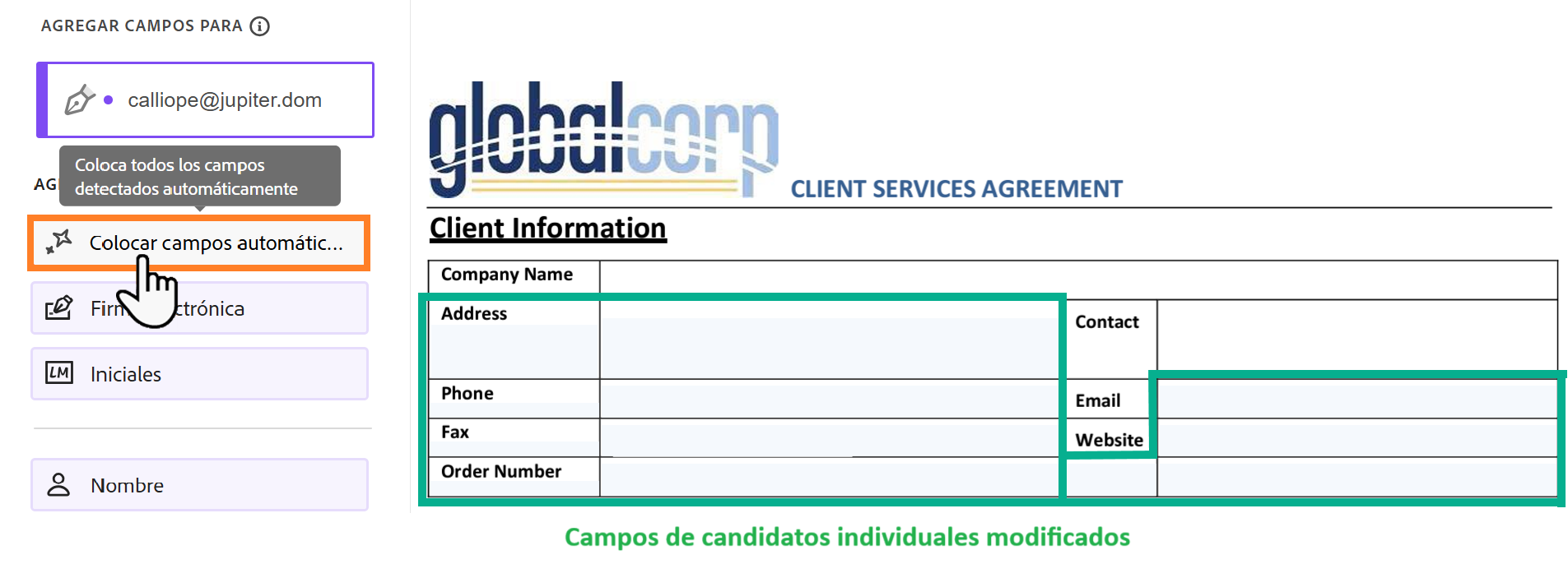 Entorno de creación con el botón Rellenar automáticamente y varios campos candidatos resaltados.