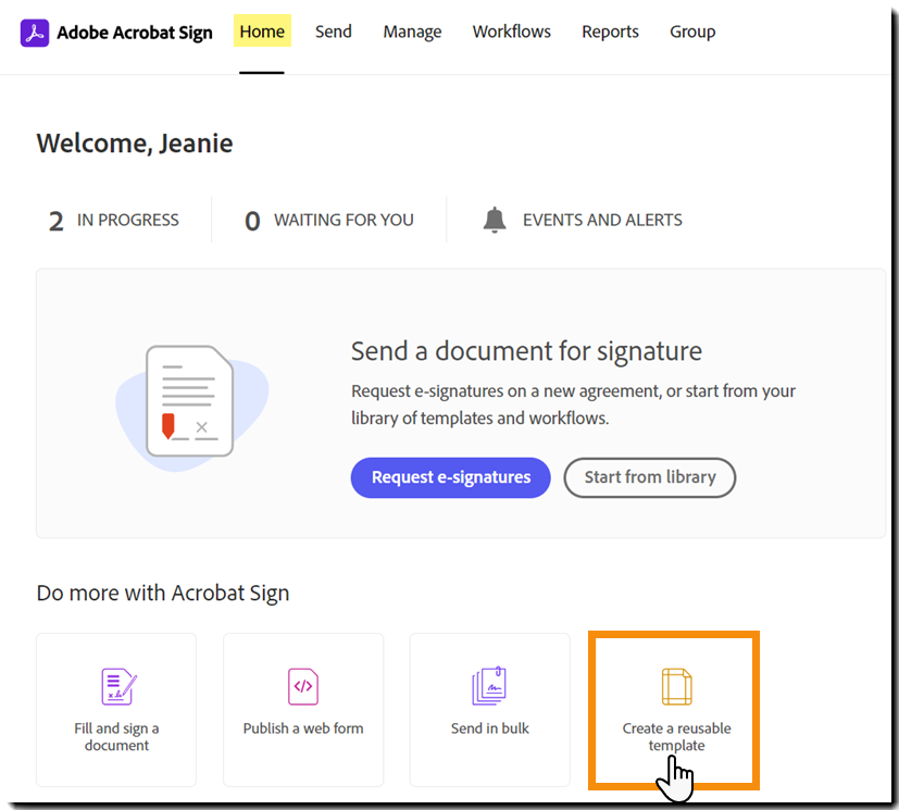 La página de inicio que resalta el mosaico “Crear una plantilla reutilizable”.