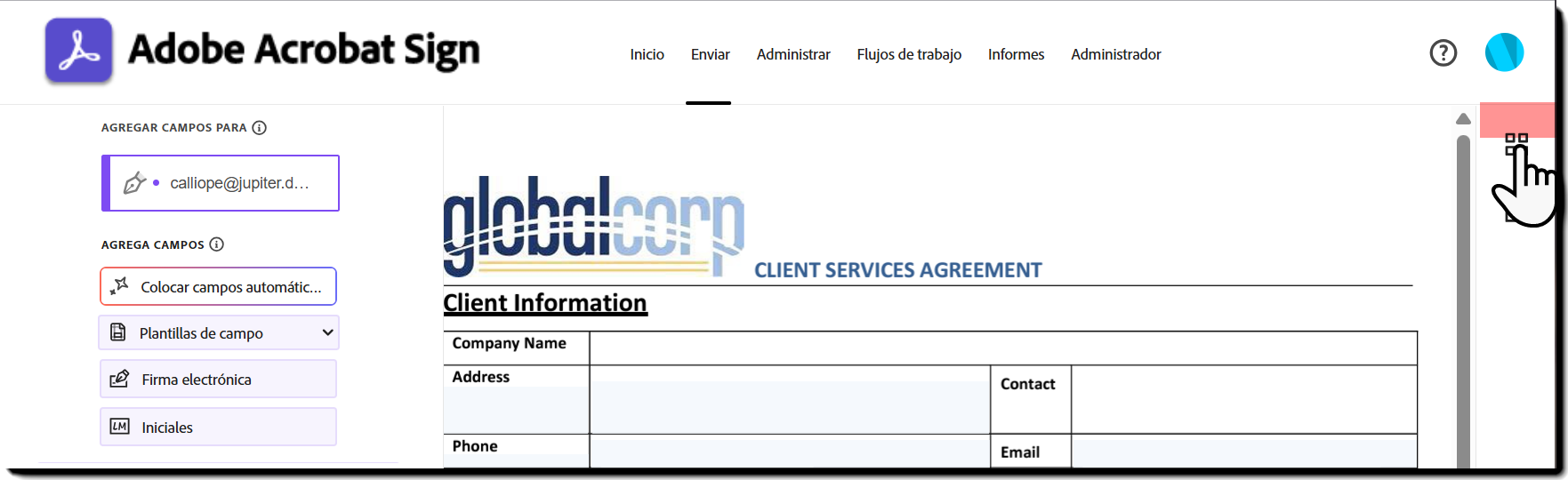 Entorno de creación con el icono de enfoque móvil ausente