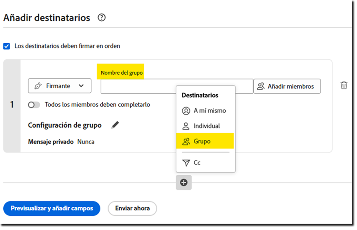 La página Enviar resalta el vínculo Añadir grupos de destinatarios y muestra los campos de entrada del grupo de destinatarios ad hoc