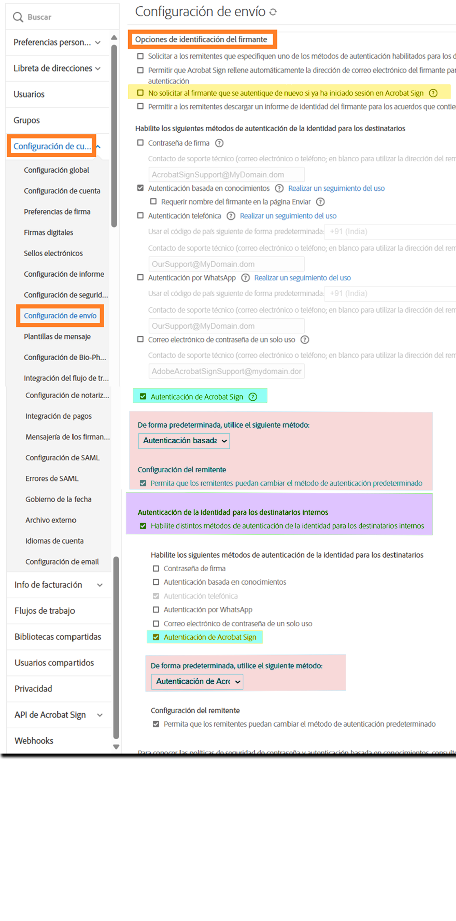 La sección Configuración de envío del menú de administración resalta los controles &quot;Opciones de identificación del firmante&quot;.