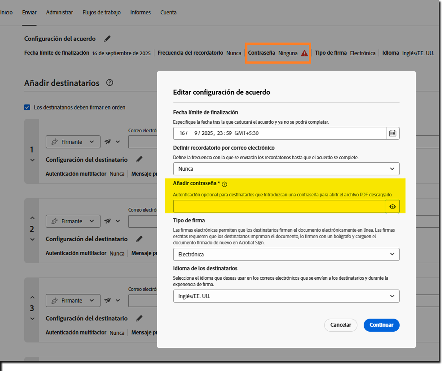 La sección Configuración del acuerdo con la configuración de alerta de la opción Añadir contraseña resaltada.