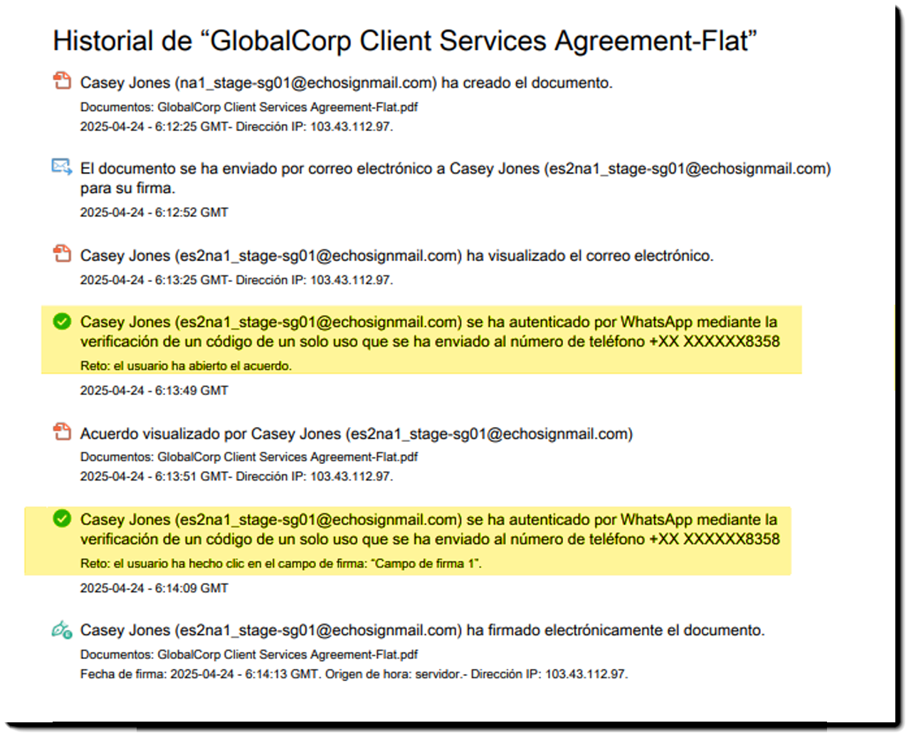 Informe de auditoría con los eventos de autenticación por WhatsApp resaltados.