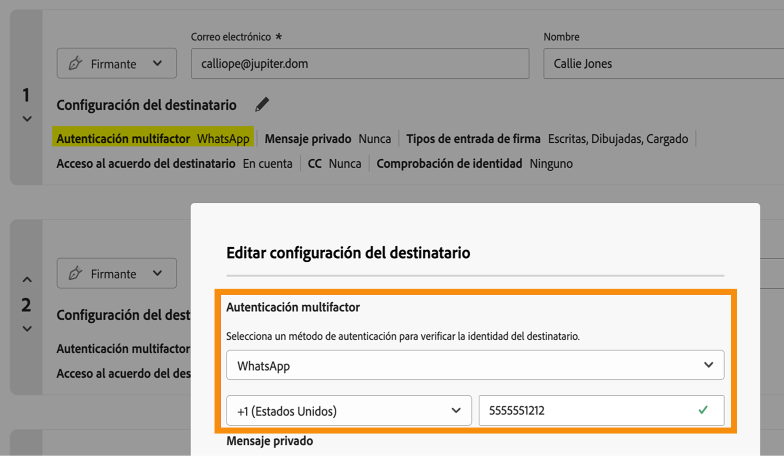 Sección Configuración del destinatario con el método de autenticación por WhatsApp y el número de teléfono resaltados
