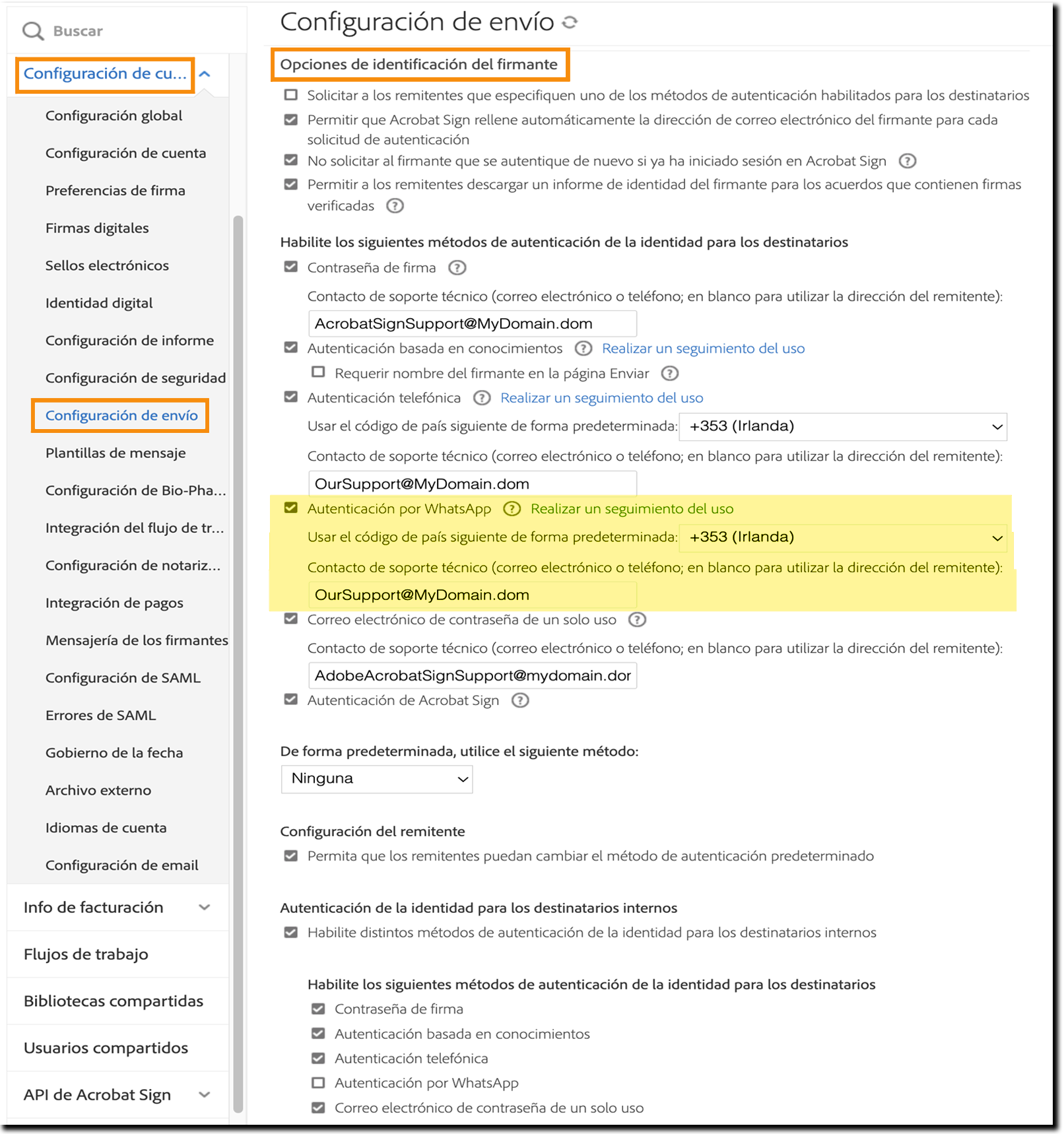 Página Configuración de envío con los controles de Autenticación por WhatsApp resaltados.
