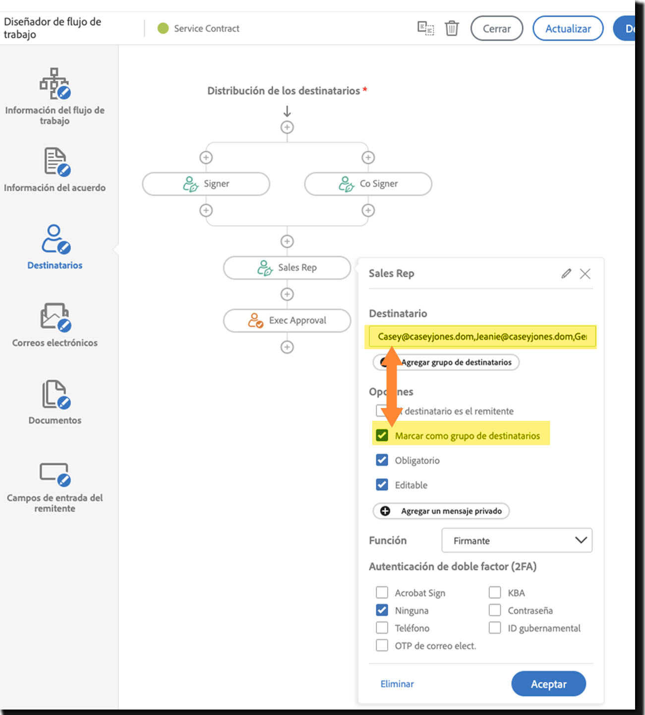 El diseñador del flujo de trabajo con la opción Marcar como grupo de destinatarios seleccionada y la página Enviar resultante con los miembros del grupo de destinatarios enumerados