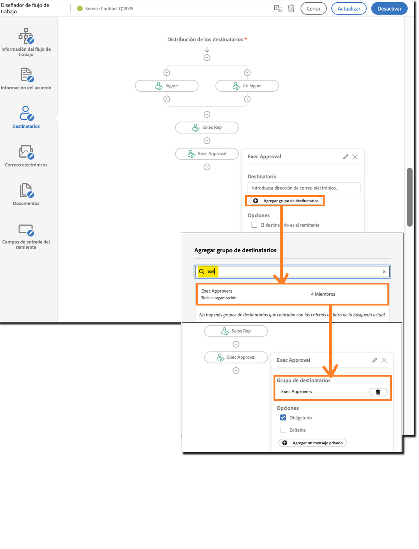 El panel de configuración de destinatarios con el botón Añadir grupo de destinatarios resaltado. Incluida la ventana de selección del grupo de destinatarios y la página Enviar resultante