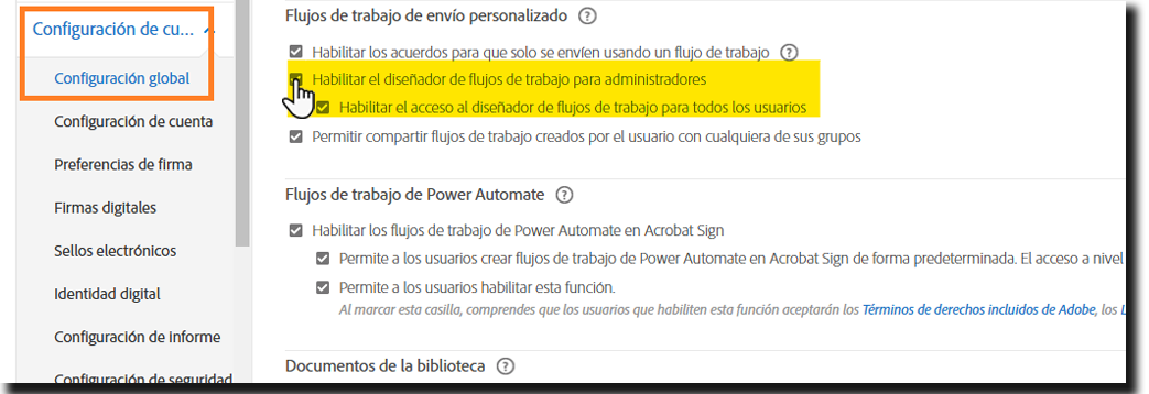 El menú Configuración global resalta los controles “Habilitar diseñador de flujos de trabajo para administradores”.