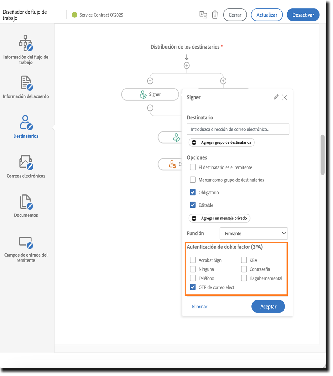 Pestaña Destinatario con las propiedades del firmante expuestas y las opciones de autenticación resaltadas