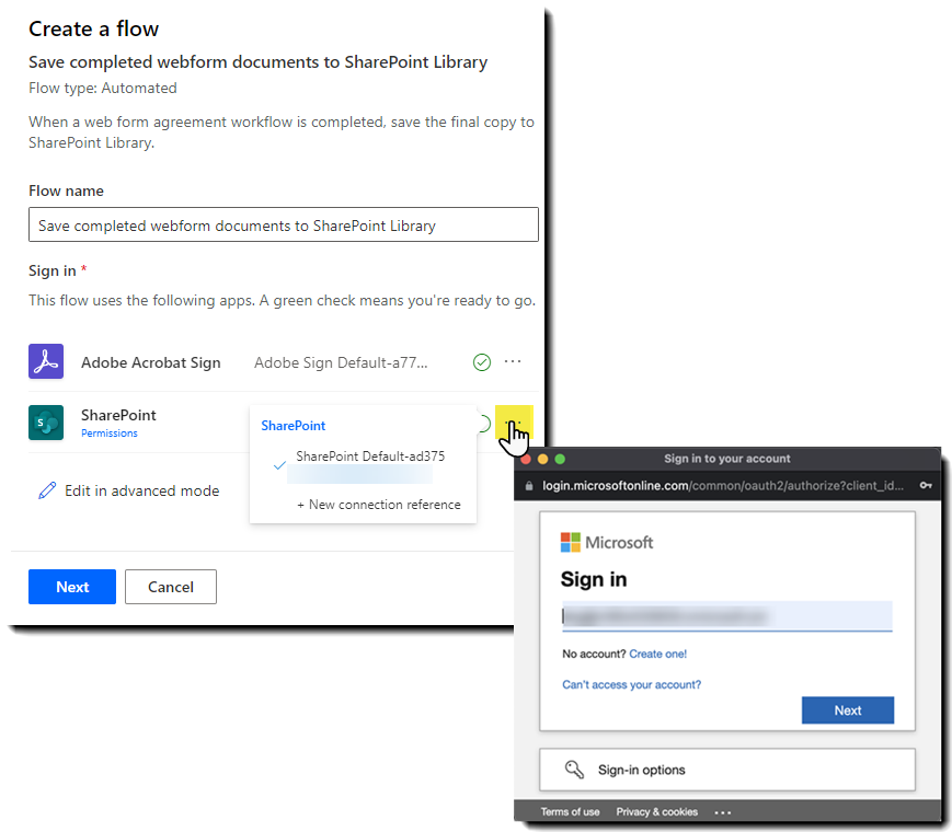 Power Automate entre Acrobat Sign y SharePoint con el panel de autenticación al descubierto