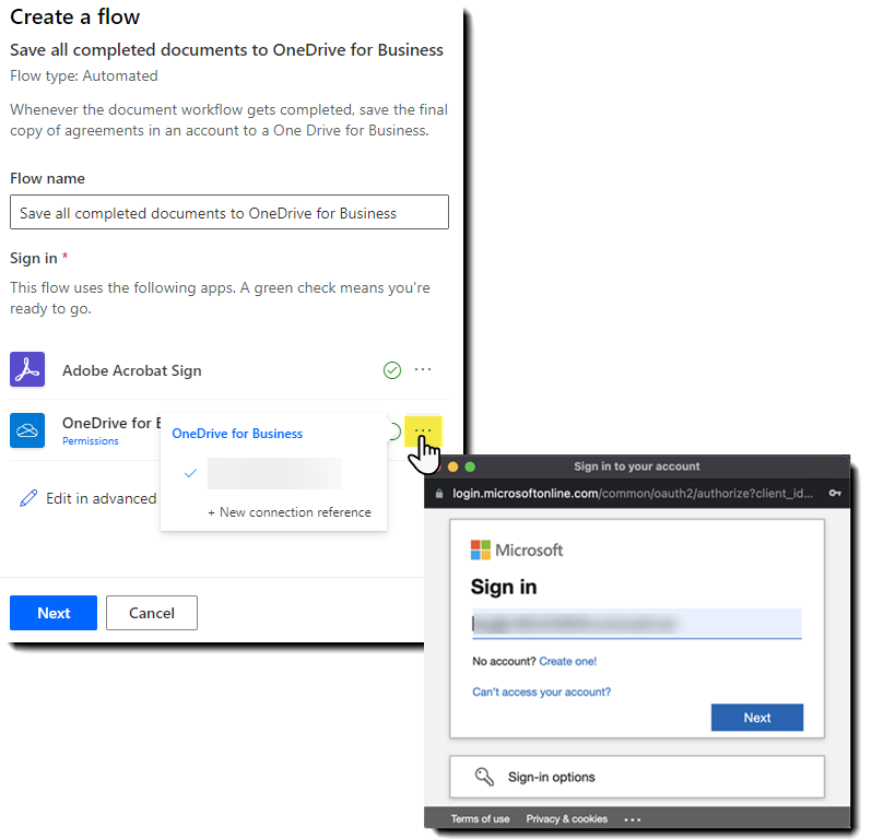 Power Automate entre Acrobat Sign y OneDrive con el panel de autenticación al descubierto