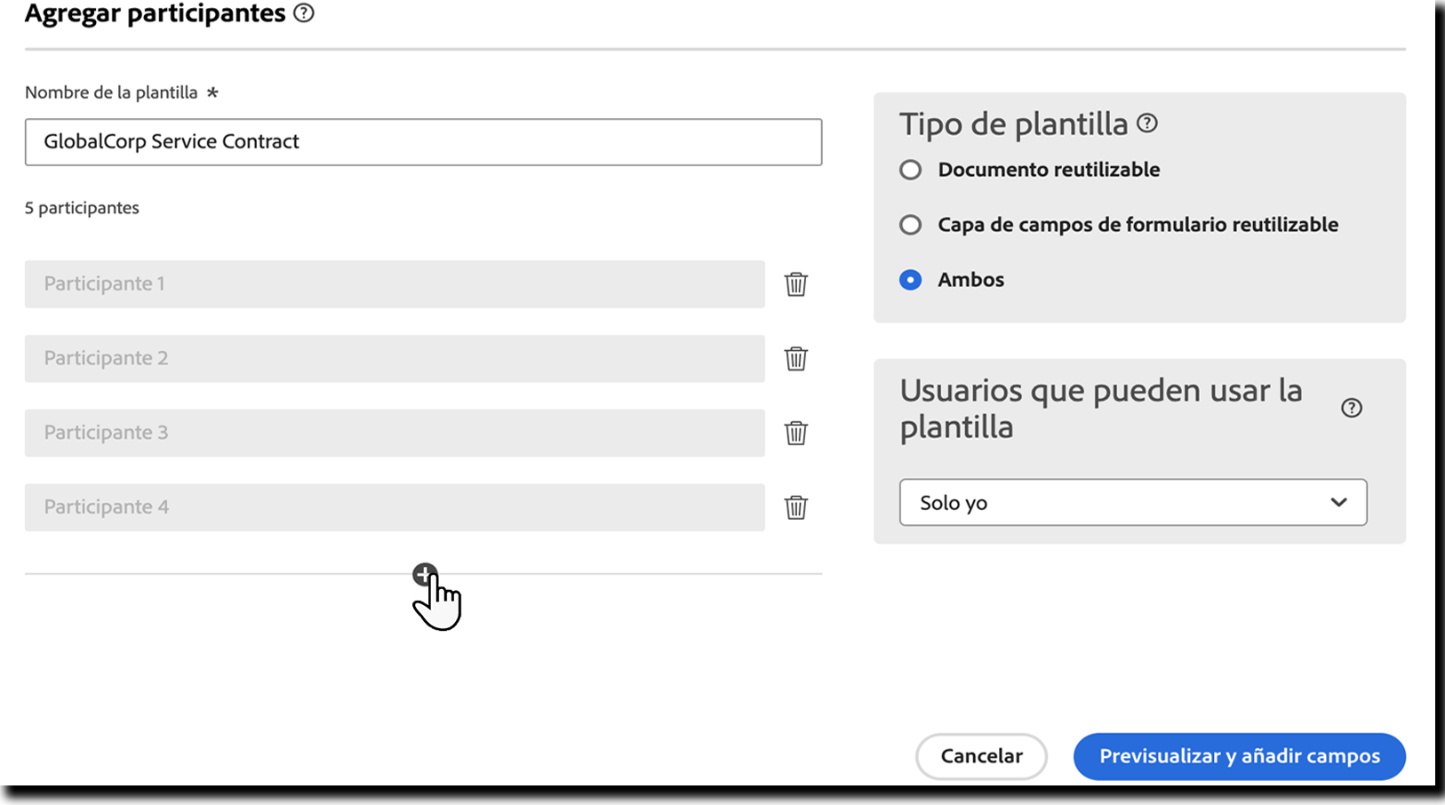 Panel Agregar participantes con cuatro participantes agregados.