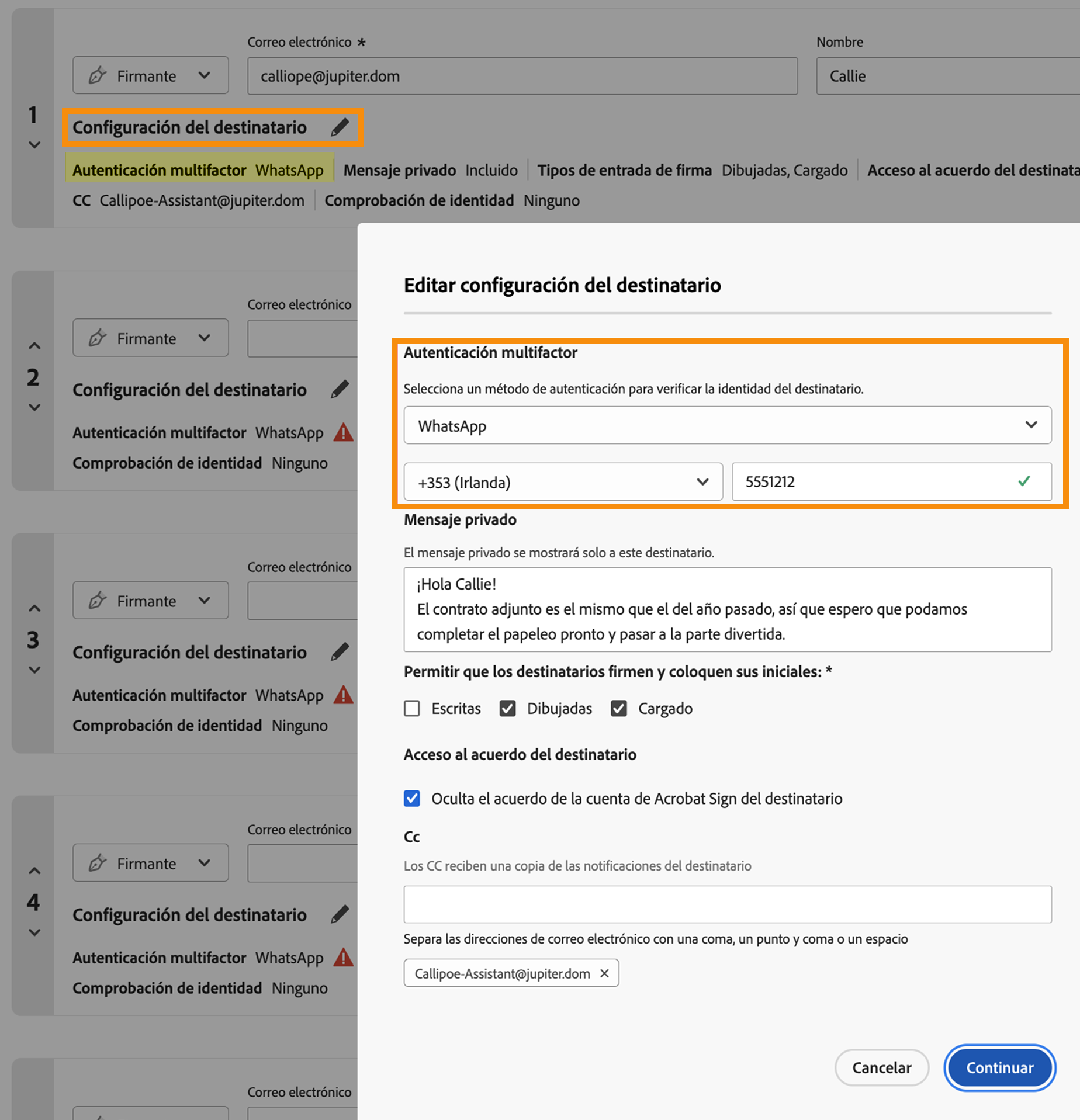 La opción “Configuración del destinatario” se ha abierto con la opción “Autenticación multifactor” ampliada
