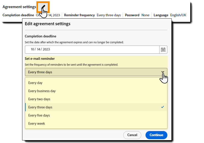 El panel de configuración del acuerdo con el selector de recordatorio resaltado