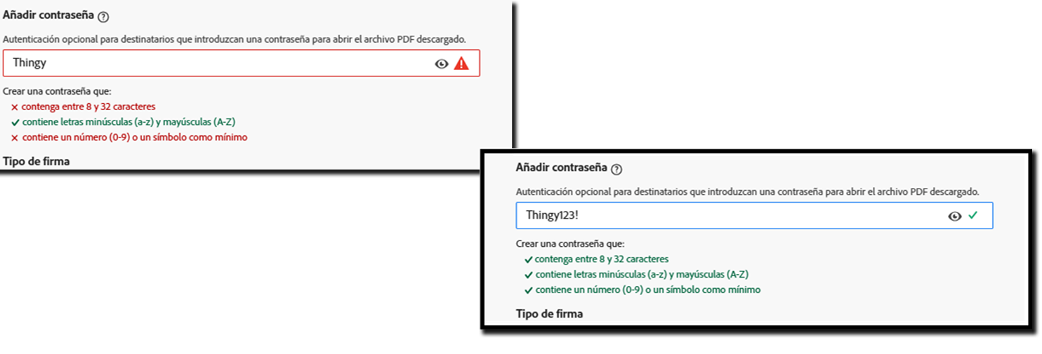 Dos vistas de la sección “añadir contraseña”, una con elementos ausentes y el texto en rojo resaltado, la otra con todos los elementos incluidos y todo el texto verde.