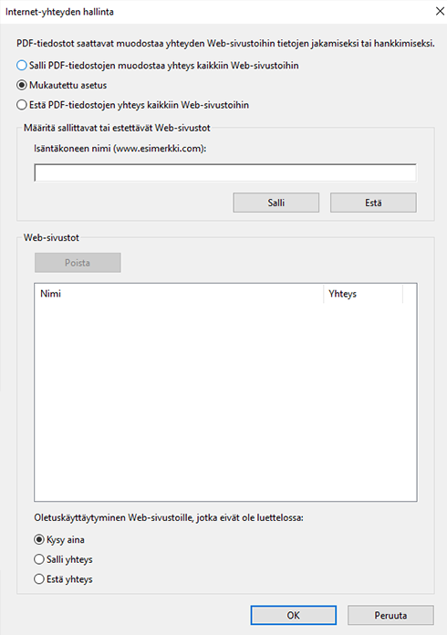 Internet-yhteyden hallinnan asetukset