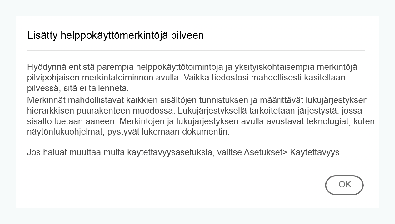 Lisätietoja pilvessä olevista esteettömyystunnisteista