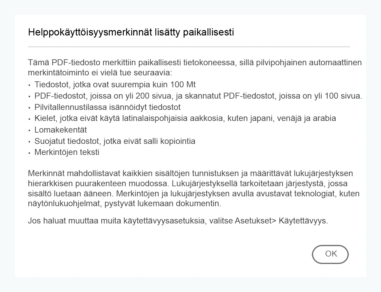 Valitse tietokuvake saadaksesi lisätietoja tukemattomista tiedostoista